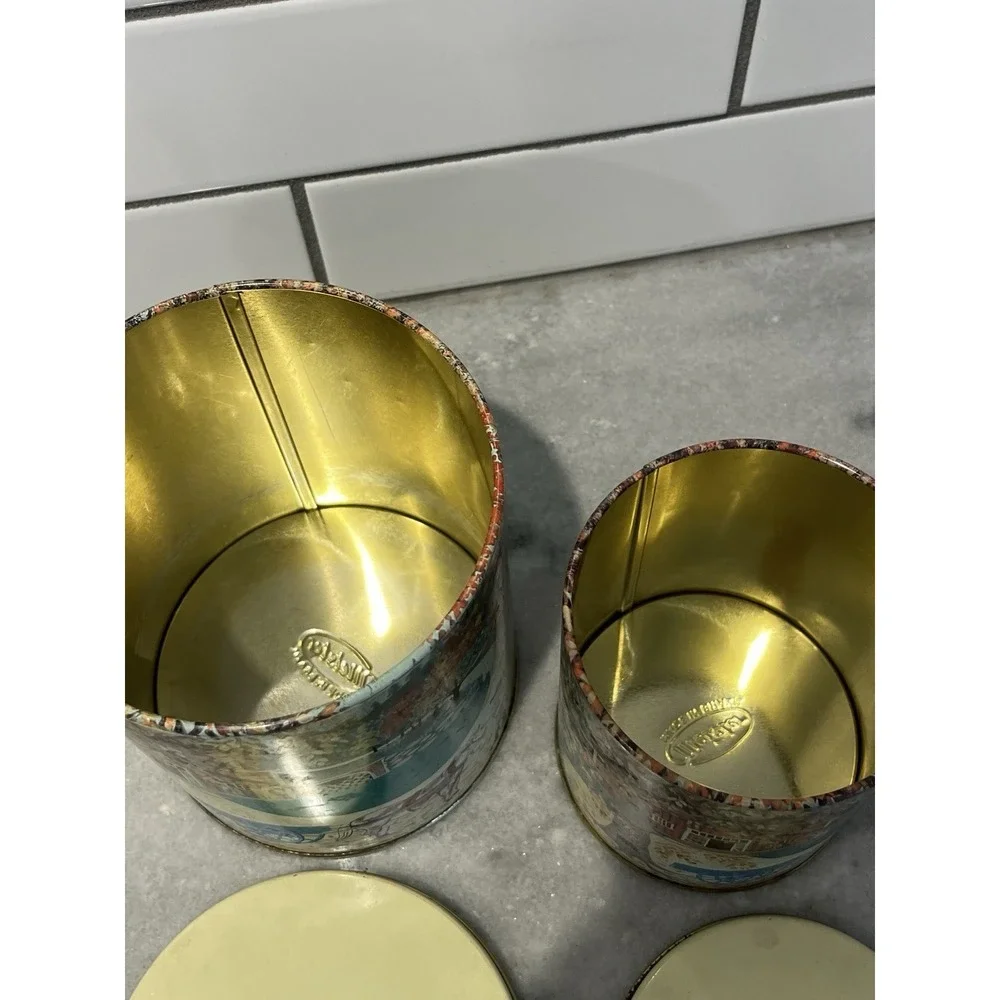 Vintage Set of 2 Meister Metal Nesting Tin Cans Canisters  w/Farm Scene - Brazil